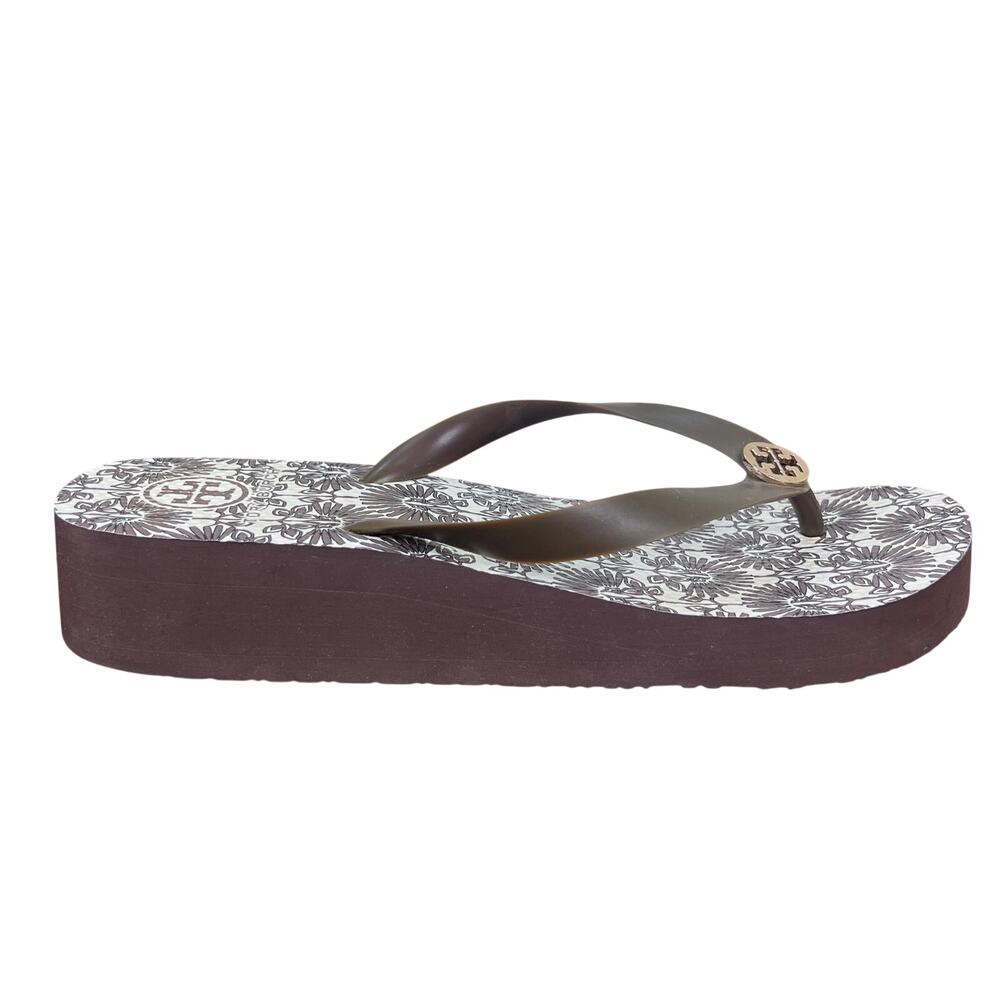 Tory Burch Women’s Brown Floral Wedge Thong Sandals Size 9.5